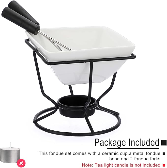 BSTKEY Ceramic Butter Warmer Set, Fondue Pot Melting Pot Set, Melt Hot Pot Square Bowl Set For Cheese Chocolate Butter Caramel, with 2 Dipping Forks