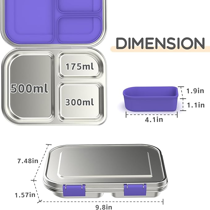 Stainless Steel Kids Leak-Resistant Bento Lunch Box, 3-Compartments with Silicone Container, Dishwasher-Safe, Child-Friendly Design for School, Picnics & Travel,BPA-Free(Purple)