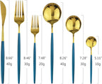 24Pcs Gold Mirror Silverware Flatware With Blue Handle, 18/0 Stainless Steel Cutlery Set Utensils Kitchen Dinnerware Include Knife Fork Spoon and Teaspoon, Service for 4