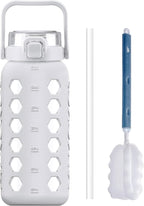 MUKOKO Half Gallon/64 oz Glass Water Bottles with Straw and Lid,Motivational Water Jug with Time Marker Reminder and Silicone Sleeve,100% Leakproof BPA Free Fitness Sports Large Bottle-White