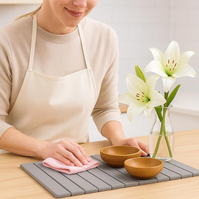 Stone Dish Drying Mat, Collapsible Stone Dish Mat, Super Absorbent Stone Dish Mat, Fast-Drying & Eco-Friendly Stone (24” x 16”) – Minimalist, Durable, & Stylish in light Gray