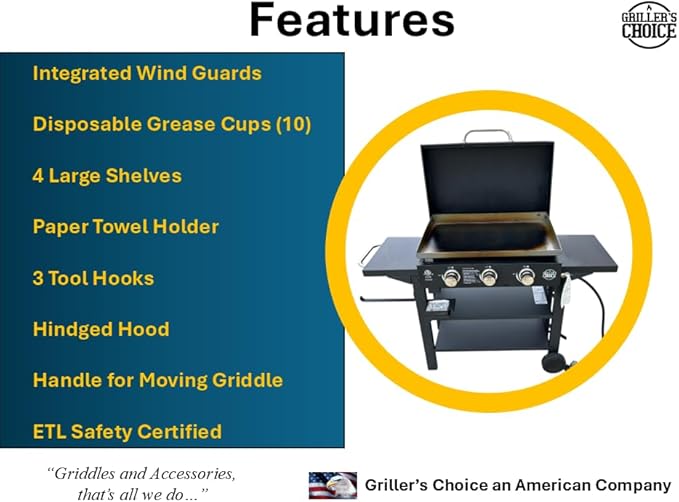 Griller's Choice Gas Griddle with Hinged Hood, Wind Guards, Front Grease Management, 4 Shelves, Propane Griddle for Flattop Grills Outdoor Cooking