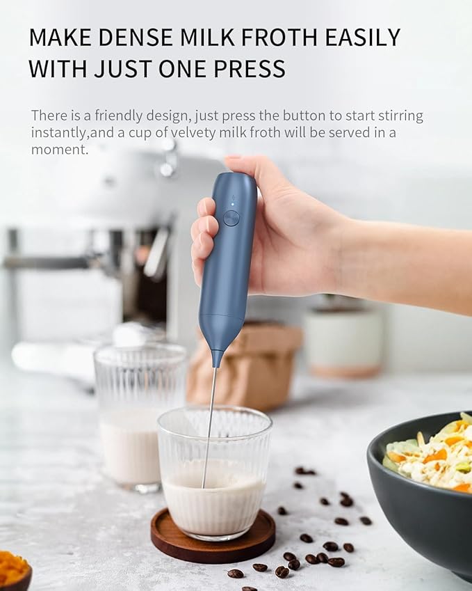 CIRCLE JOY Rechargeable Milk Frother Handheld with Stand, Coffee Frother Wand Drink Mixer with Dual Spring Whisk for Coffee, Cappuccino, Lattes, Frappe, Matcha and Hot Chocolate, Blue