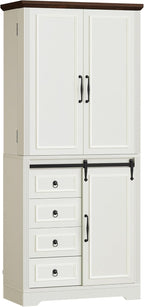 YITAHOME Pantry Cabinet, 71-Inch Tall Freestanding Storage Cabinet with 4 Drawers, Farmhouse Cupboard with Doors Storage, Adjustable Shelves, for Living Room, Dining Room, White Walnut