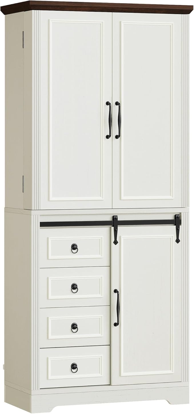 YITAHOME Pantry Cabinet, 71-Inch Tall Freestanding Storage Cabinet with 4 Drawers, Farmhouse Cupboard with Doors Storage, Adjustable Shelves, for Living Room, Dining Room, White Walnut