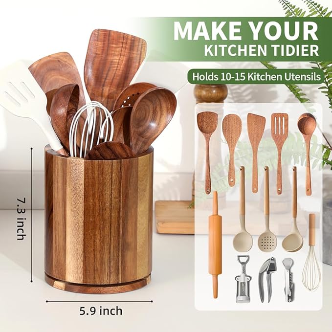 Wooden Utensil Holder, 360°Rotating 7.3'' Large Utensil Holder for Kitchen Counter, Kitchen Utensil Organizer, Utensil Crock, Farmhouse Kitchens Countertop Decor, Acacia Wood