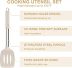 E-far Silicone Cooking Utensils Set, 7 Pcs Heat Resistant Kitchen Utensils with Stainless Steel Handle, Slotted Turner, Spoon, Soup Ladle, Pasta Server, Skimmer, Tongs for Nonstick Cookware, Khaki