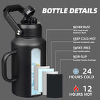 BJPKPK 87oz Insulated Water Bottle with Handle, Large Dishwasher Safe 2/3 Gallon Water Bottle, BPA Free Water Jug, Wide Mouth Metal Water Bottle with Anti-slip Bottom, Keep Cold & Hot,Black