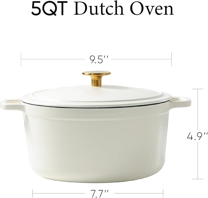 CAROTE 5QT Enameled Cast Iron Dutch Oven Pot with Lid, Heavy-Duty Dutch Oven for Sourdough Bread Baking, Braising, Stews, Roasting, Healthy & Non-Toxic, Dual Handles, All Stovetop Compatible, Oven Safe up to 500° F, White