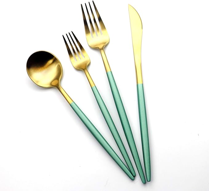 Gugrida Green Gold Flatware, Royal 20 Pieces Matte White Handle 18/10 Stainless Steel Tableware Sets for 4 Including Forks Spoons Knives, Camping Silverware Travel Utensils Set Cutlery (Green Gold)