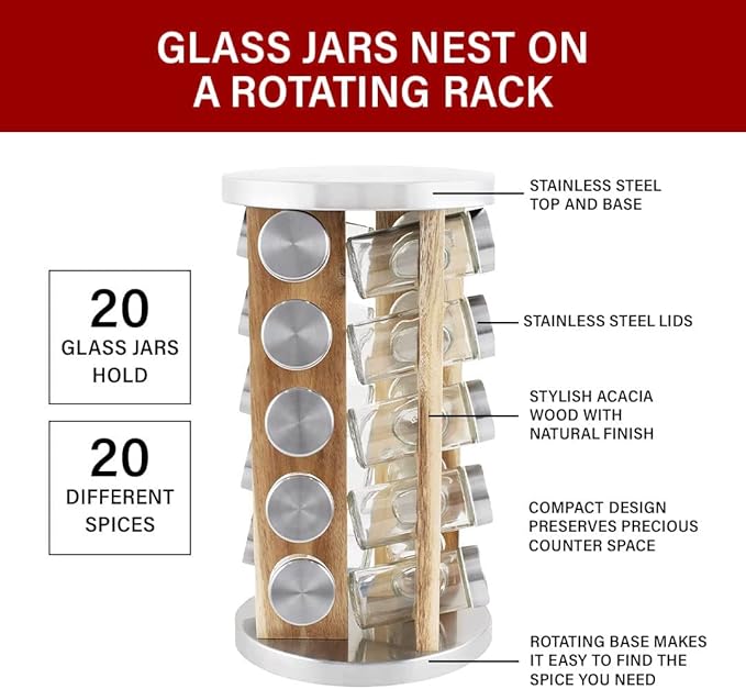 Orii Natural Acacia Wood Spice Rack with 20 EMPTY jars with Stainless Steel Lids and FREE Stainless Steel Funnel and Labels