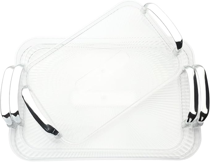 3 Pack Serving Tray with Handles, Stackable Reusable Trays for Serving Food, Plastic Serving Platters for Party, Charcuterie, Fruit, Appetizer, Transparent