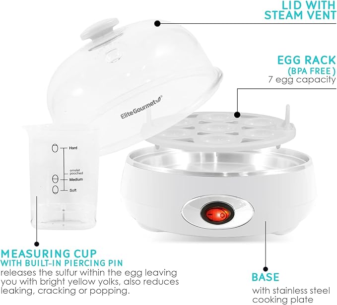 Elite Gourmet EGC322CW Easy Egg Cooker Electric 7-Egg Capacity, Soft, Medium, Hard-Boiled Egg Cooker with Auto Shut-Off, Measuring Cup Included, BPA Free, Classic White