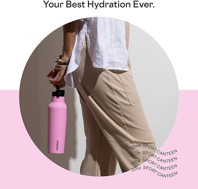 Corkcicle Sport Canteen Insulated Tumbler, Sun-Soaked Pink, 20 oz – Reusable Water Bottle Keeps Beverages Cold for 25 Hours & Hot 12 Hours – Cupholder Friendly Tumbler with Screw-On Cap