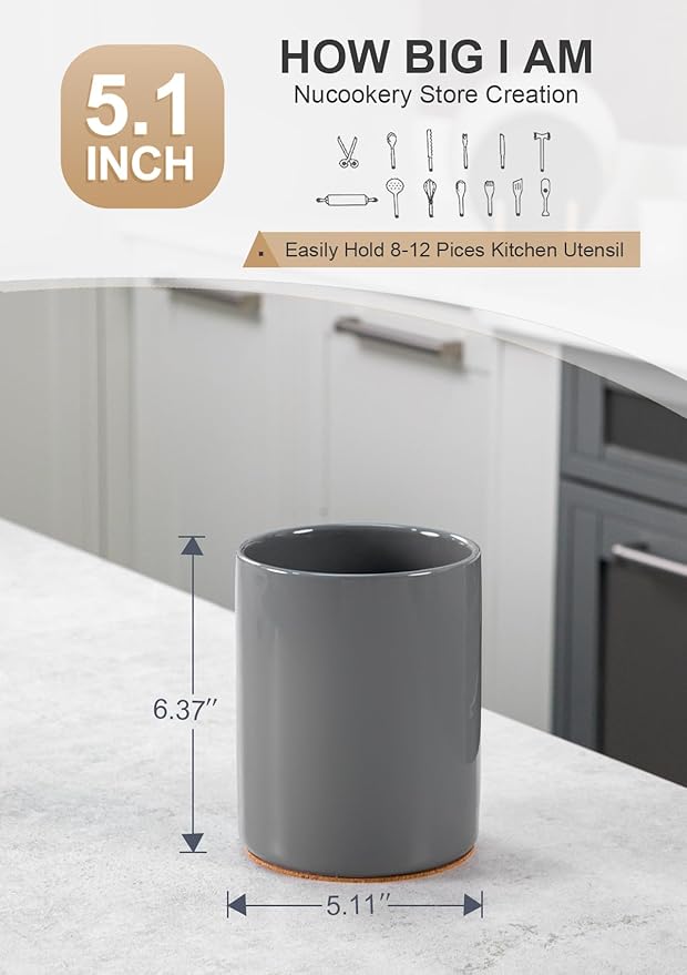 Nucookery Utensil Holder, 6.4" Ceramic Kitchen Utensil Holder for Countertop with Protection Cork Bottom, Vintage Farmhouse Kitchen Decor for Counter (Gray)