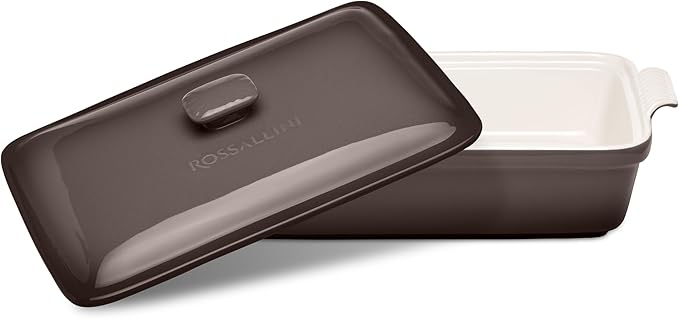 Stoneware Casserole Dish Bakeware Set with Lid, Covered Rectangular Dinnerware, Large 3.2 Quart, 11 by 9 Inch [Oyster Grey]