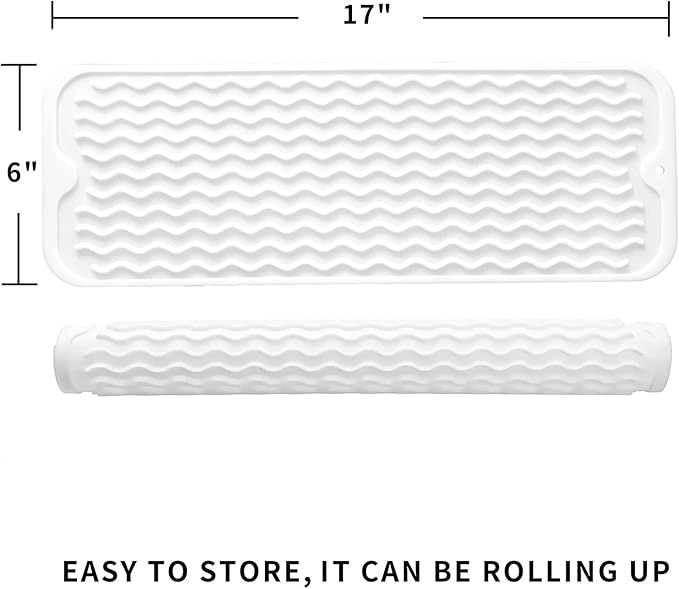 Silicone Dish Drying Mat for Multiple Usage,Easy clean,Eco-friendly,Heat-resistant Silicone Mat for Kitchen Counter,Sink,Bar,Bottle,or Cup White M 17 inches x 6 inches