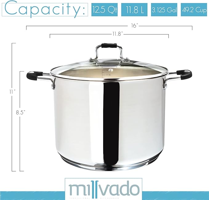 Stock Pot, Large Stainless Steel 12.5 Quart StockPot, Large Cooking Pot, Clear Glass Lid and Measurement Markings, Steam Hole, Induction, Gas, Electric Compatible Big Boiling Pot