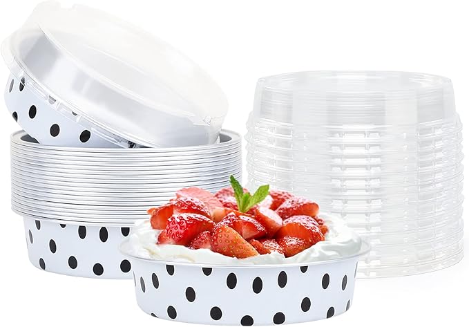 Beasea Mini Tart Pans with Lids 20 Pack, 4” 8oz Disposable Aluminum Baking Foil Tins Round Small White Black Dot Container for Individual Cupcake Dessert Muffin Ramekin Cheesecake Quiche Oven Dishes