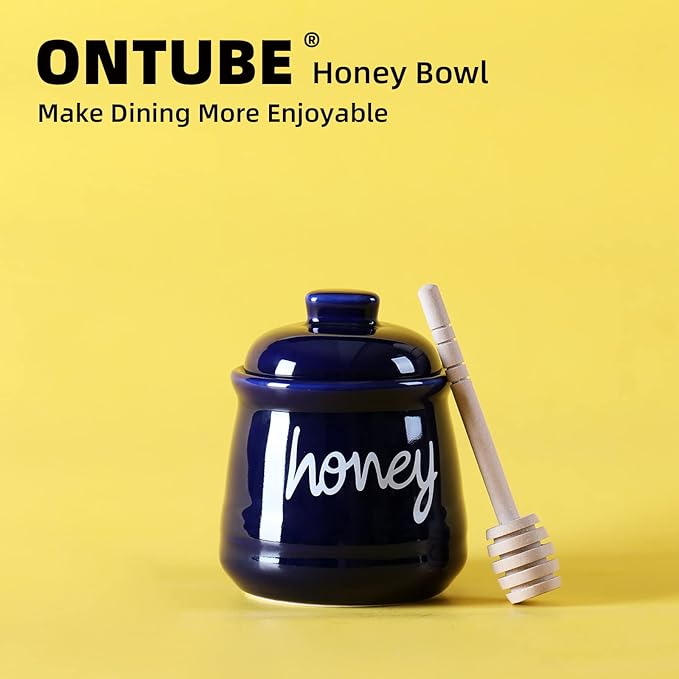 ONTUBE Honey Jar with Dipper and Lid, Ceramic Honey Pot 12oz (Navy)