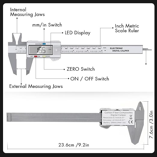 Electronic Digital Caliper, LCD | 0 to 6 inch inch/mm Conversion, Automatic Shutdown Function, Very Suitable for Home/Jewelry/DIY Measurement, etc