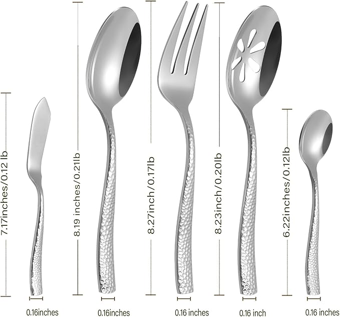 Stainless Steel Silverware Serving Set Hammered Silver Mirror Finished 5 Piece Serving Utensil Set Flatware Set