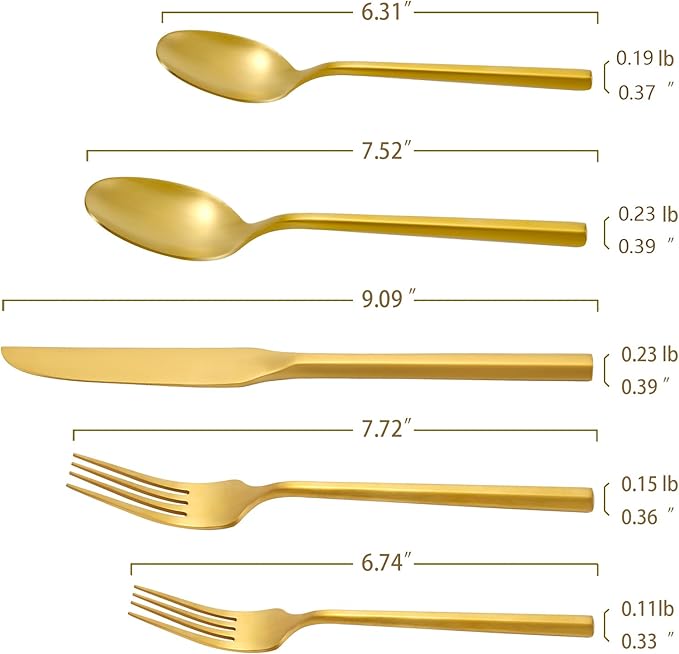 DEACORY Silverware Set Flatware Set Matte Gold Cutlery Set Brushed Brass Heavy Hexagon Handle Stainless Steel 40 Pieces Dishwasher Safe Service for 8