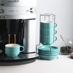 Sweejar Porcelain Espresso Cups with Saucers, 4 Ounce Stackable Cappuccino Cups with Metal Stand for Coffee Drinks, Latte, Tea - Set of 4 (Turquoise)
