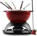 Artestia Cast Iron Cheese Fondue Set 11-Piece with Adjustable Burner, 6 Colored Forks, 5-Cup Red Swiss Fondue Set for Cheese, Chocolate, Caramel, Meat – Family Size 4-6 Persons