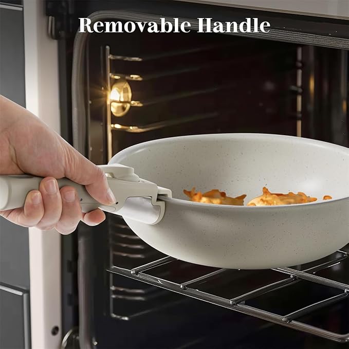 12 Pcs Pots and Pans Set, Nonstick Kitchen Cookware Sets Detachable Handle, Induction Healthy Non Stick RV Cookware, Dishwasher ＆ Oven Safe, Beige