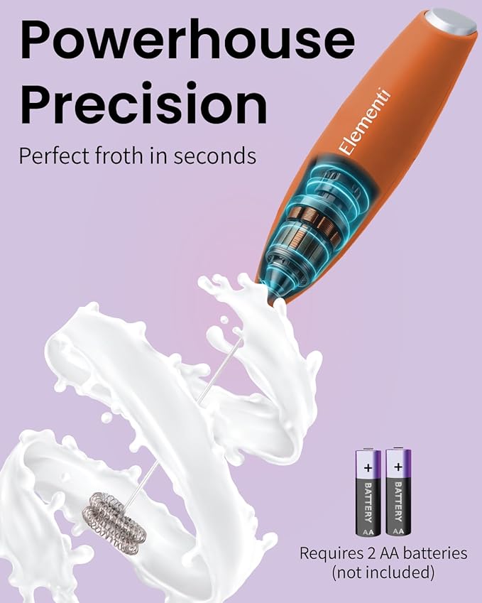 Elementi Milk Frother Wand - Easy to Use Handheld Electric Stirrer for Powder Drinks, Durable & Powerful Coffee Whisk & Protein Powder Mixer Wand, Hand Frother, Coffee Stirrers Electric Mini (Orange)