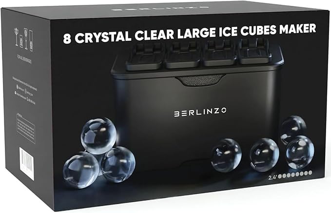 Berlinzo Premium Clear Ice Ball Maker Mold - 8 Large 2.4" Crystal Clear Ice Balls for Whiskey, Cocktails & Bourbon - Easy-to-Remove Mold for Ice Spheres - XL Storage Bag Included (Non-Electric)