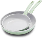 GreenPan Dover 8” & 10” 2 Piece Frying Pan Skillet Set, Non-Toxic PFAS-Free Ceramic Nonstick Coating, Sear Saute Fry Egg Omlete, Dishwasher & Oven Safe, Stay Cool Handle, Easy Pour Rims, Pastel Green