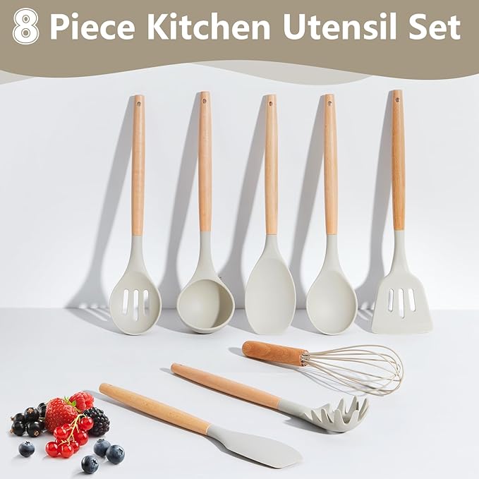 P&P CHEF Silicone Cooking Utensils Set, 8-Piece Kitchen Cooking Utensil with Wooden Handle, Silicone Spatula for Nonstick Cookware, Heat-proof & Easy Clean, Khaki
