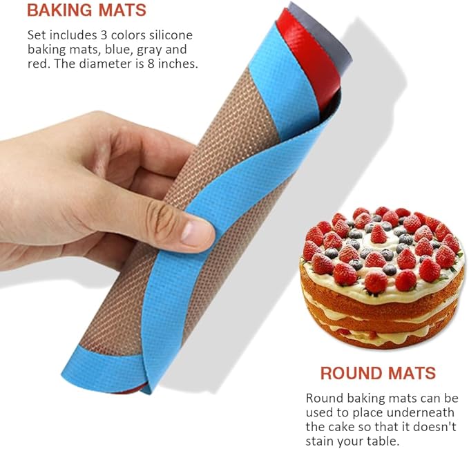 8 Inch Round Silicone Baking Mat, Set of 3 Reusable Silicone Baking Mats, Silicone Mat for 8 Inch Cake Pan, Silicone Mat for Baking Cake, Pizza, Pie, Bread, Macaron (Red, Blue, Grey)
