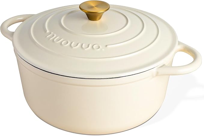 Nuovva Enamelled Cast Iron Dutch Oven Pot with Lid – 6.4 Quart Non Stick Casserole Pot – Heavy Duty & Oven Safe up to 500° F for Bread Baking, Braising, Stews, Roasting – 28cm Cream