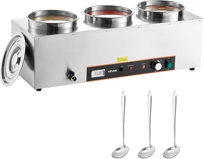 VEVOR Electric Soup Warmer, Three 6.34QT Stainless Steel Round Pot with 86~185°F Adjustable Temp, 1500W Commercial Bain Marie with Anti-Dry Burn and Reset Button, Soup Station for Restaurant, Buffet