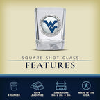 Heritage Pewter University of West Virginia Square Shot Glass | Hand-Sculpted 1.5 Ounce Shot Glass | Intricately Crafted Metal Pewter Alma Mater Inlay