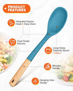 Silicone Cooking Spoons, Great for Scooping Sides and Serving Hearty Stews, BPA-Free Matte Silicone, Wooden Handle Serving Spoon for Nonstick Cooking Surfaces (Blue)