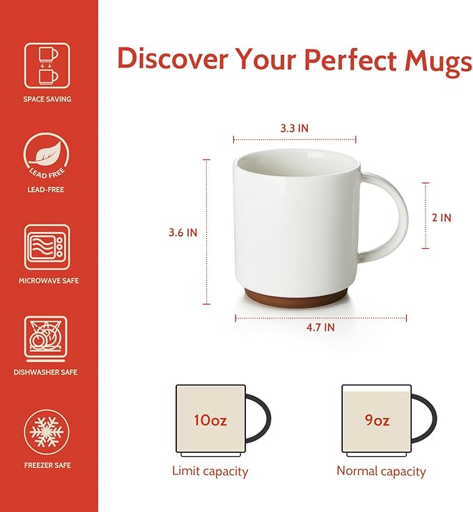 Sweese Stackable Coffee Mugs - 10 Oz Porcelain Cups for Cappuccino, Cafe Mocha, Latte and tea, Set of 4, Assorted Colors