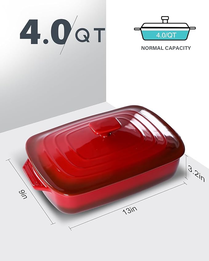 Lareina Large Ceramic Casserole Dish with Lid, 4.0 Quart Covered Rectangular Stoneware Baking Dishes for Oven, Deep 9x13 Inch Lasagna Pans for Baking and Serving, Perfect for Christmas gifts, Red