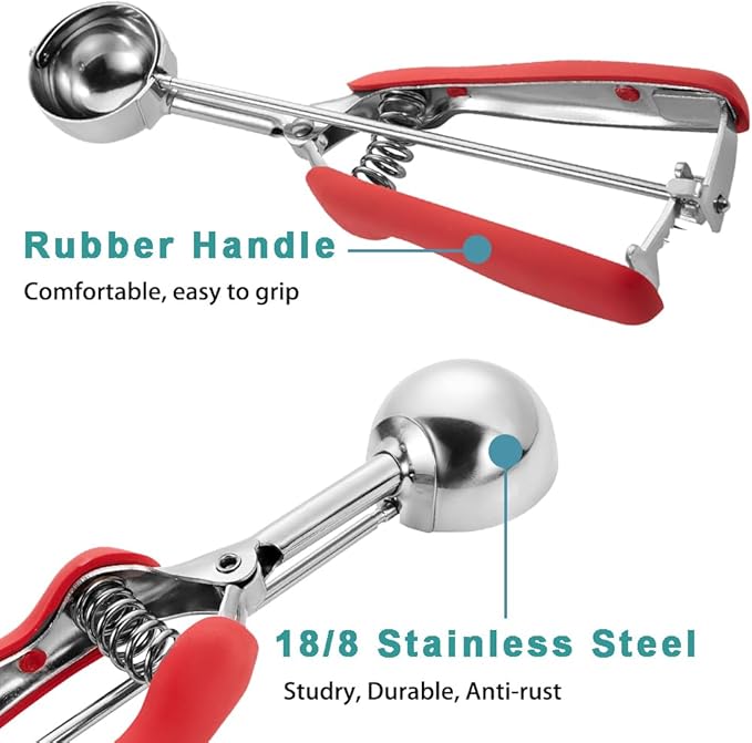 Medium Cookie Scoop, Cookie Dough Scoop, 2 Tablespoon Cookie Scooper, Red Handle, Spring-Loaded, 18/8 Stainless Steel, Comfortable Grip, For Cookies Cupcake Muffin Ice Cream Meatball