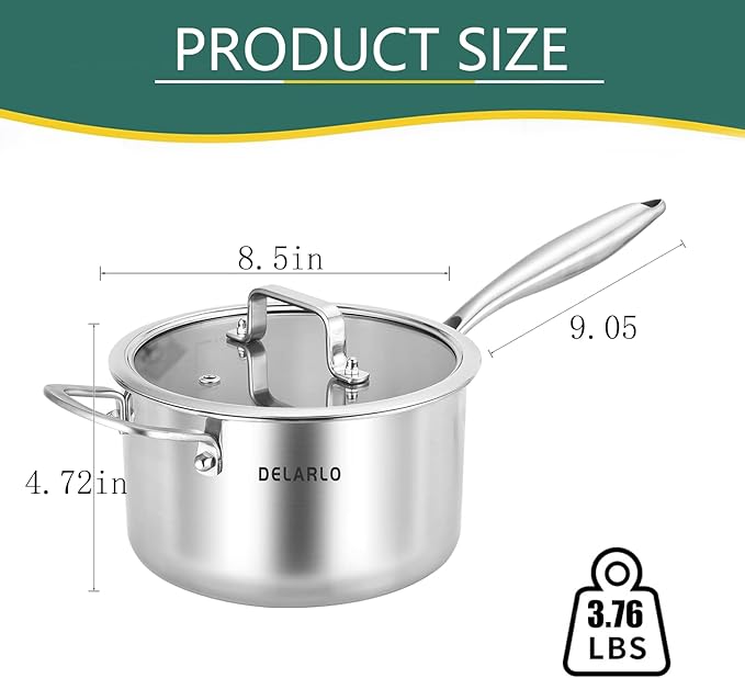 DELARLO Tri-Ply Stainless Steel Saucepan, 3.5 QT Saucepan with Lid, All Stove Compatible 600℉, Induction Sauce Pot, Heavy Duty Saucier, Dishwasher Safe Saucepan, Induction Pot 3.5 Quart, Even Heat