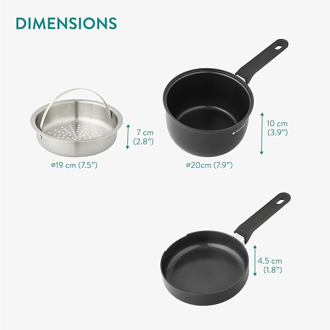 Navaris All in One Frying Pan Set - Ceramic Non Stick Cooking Pan & Small Saucepan with Lid & Stainless Steel Steamer Basket - Cookware Steam Pot & Saucepans - Set of 3