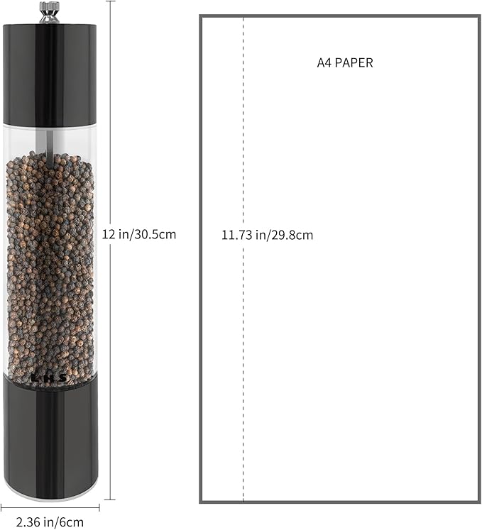 LHS Pepper Grinder Pepper Mill Salt Grinder Refillable- Large Capacity 12 Inch- Peppercorn Grinder Stainless Steel with Adjustable Ceramic Rotor (12", Black)