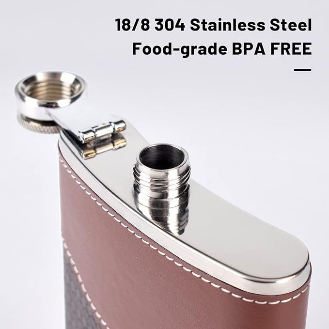 Hip Flasks for Men Leather Hip Flask Gift Set,Hip Flask 304 Stainless Steel Flask Set w/Funnel Shot Glasses Gift for Whiskey Rum Groomsman Best Man Usher Wedding-Leather Stripe Brown-8oz