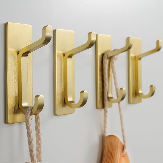 Self Adhesive Wall Hooks for Hanging: Extra Strong 13 LB, Hook for Coat, Towel in Bathrooms, Shower, Kitchen, Wall, Door Hook, Gold 12 Pack