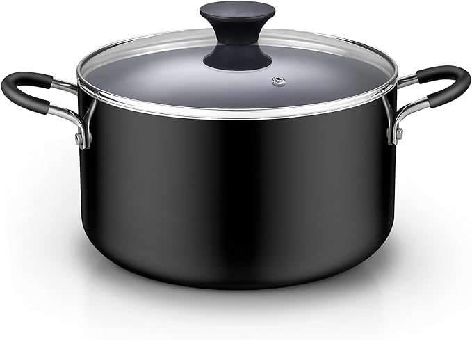Cook N Home Nonstick Stockpot with Lid 6-QT, Professional Deep Cooking Pot Cookware Casserole with Glass Lid, Black