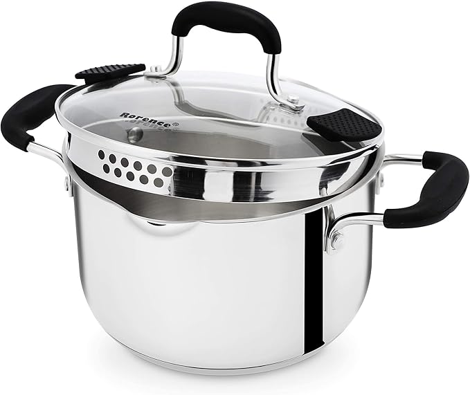 Rorence Stainless Steel Stock Pot with Pour Spout & Silicone Handles & Glass Lid with Strainer - 3.7 Quart