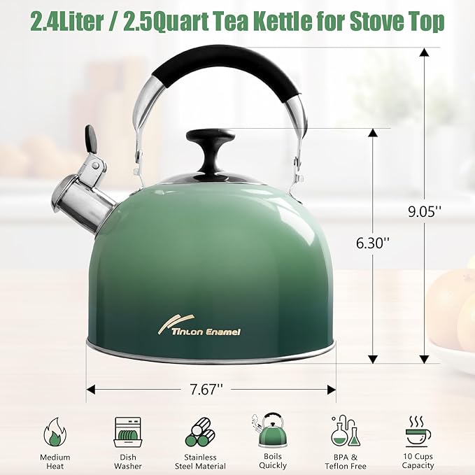 Tea Kettle Stovetop,Stainless Steel Whistling Tea Kettle For Stove Top, 2.5 Qt Tea Pot With Folding Handle, Food Grade Water Teapot Water Kettle For Stove Home Camping Travel,Gradient Green